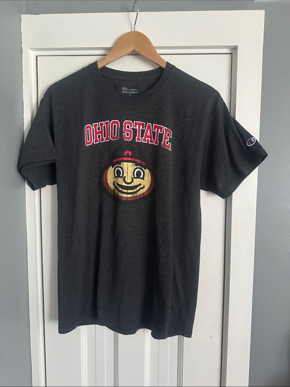 Champion Ohio State Buckeyes Brutus Face T-Shirt Charcoal Gray Distressed M